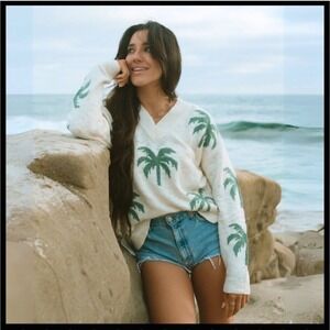 Beachly The Palm Breeze Sweater NWT Cream Palm Tree V Neck Oversized Sweater XXL